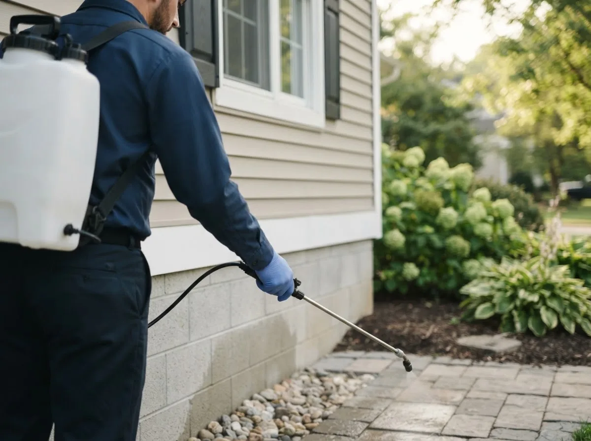 Pest control technician inspecting a home in Arcadia, OK